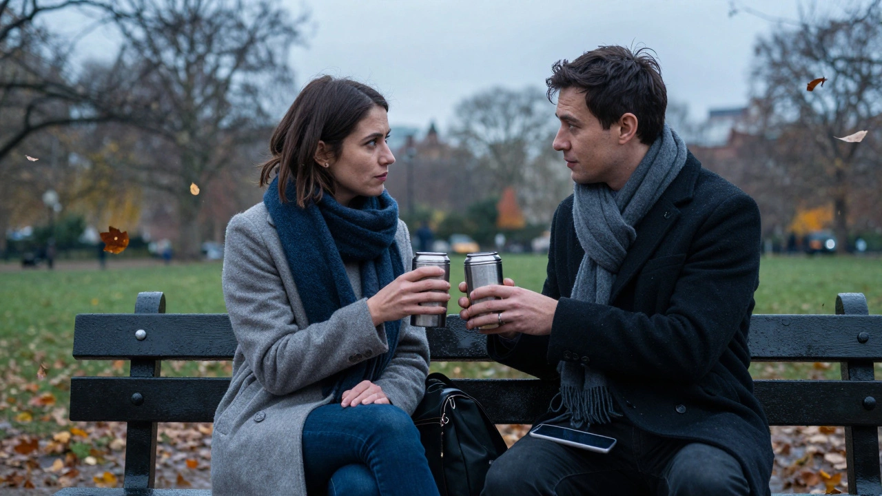 A modern companion and client sharing tea on a rainy park bench, offering quiet companionship.