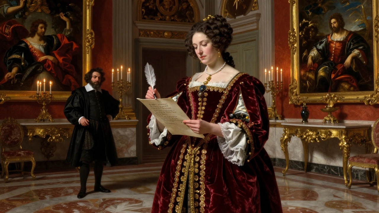 A Renaissance courtesan writing poetry in a grand Venetian palace, surrounded by art and candlelight.