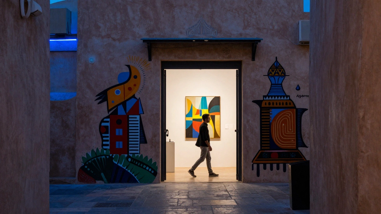 Hidden alley in Dubai’s arts district with colorful street art and glowing gallery door.